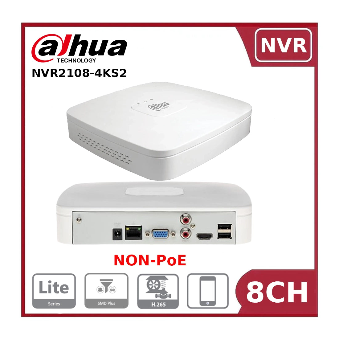 Dahua DHI-NVR2108-4KS2 8-Channel 4K Network Video Recorder, NON-PoE