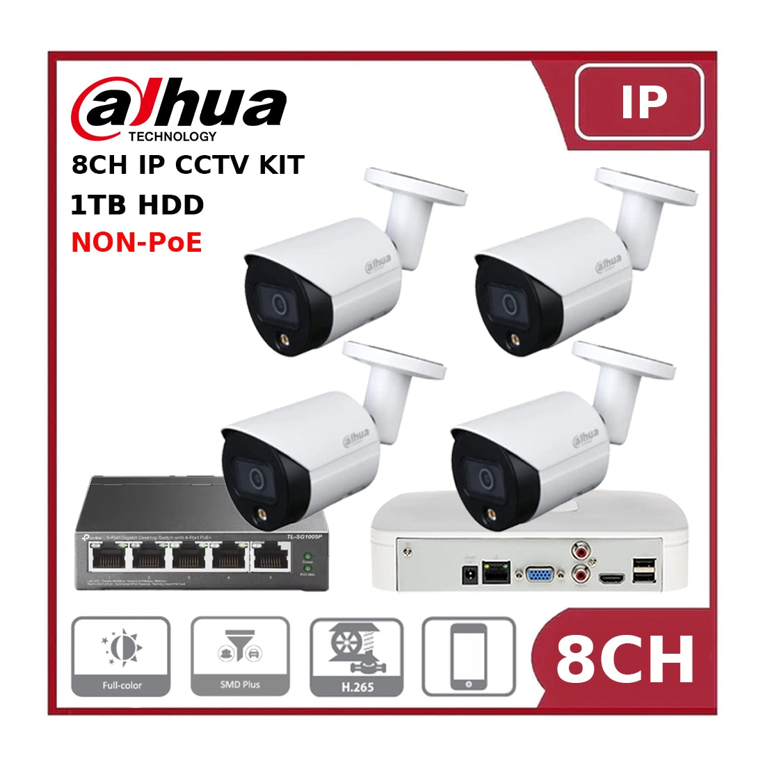 Dahua 4MP Full Colour 8-Channel 4-Camera IP Kit with DHI-NVR2108-4KS2 + 1TB HDD + 4-Port PoE Switch + Free Wi-Fi Range Extender