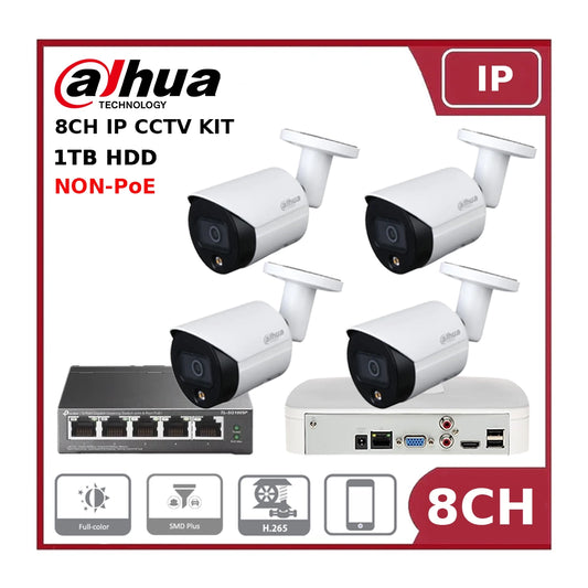 Dahua 4MP Full Colour 8-Channel 4-Camera IP Kit with DHI-NVR2108-4KS2 + 1TB HDD + 4-Port PoE Switch + Free Wi-Fi Range Extender