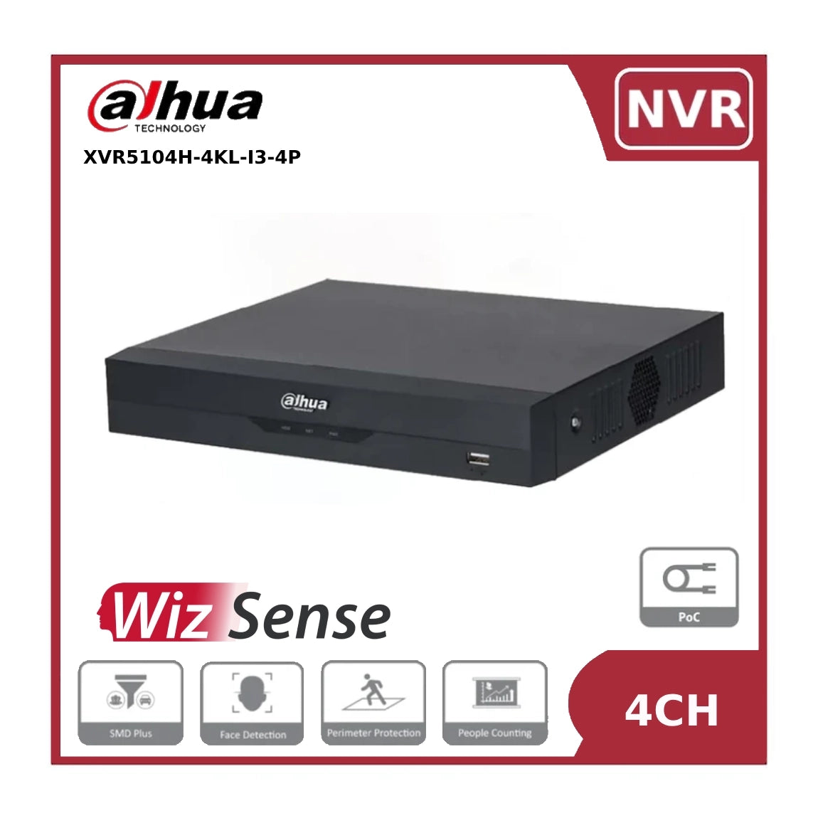 Dahua XVR5104H-4KL-I3-4P 4 Channel PoC 4K-N/5MP Compact 1U 1HDD WizSense Digital Video Recorder