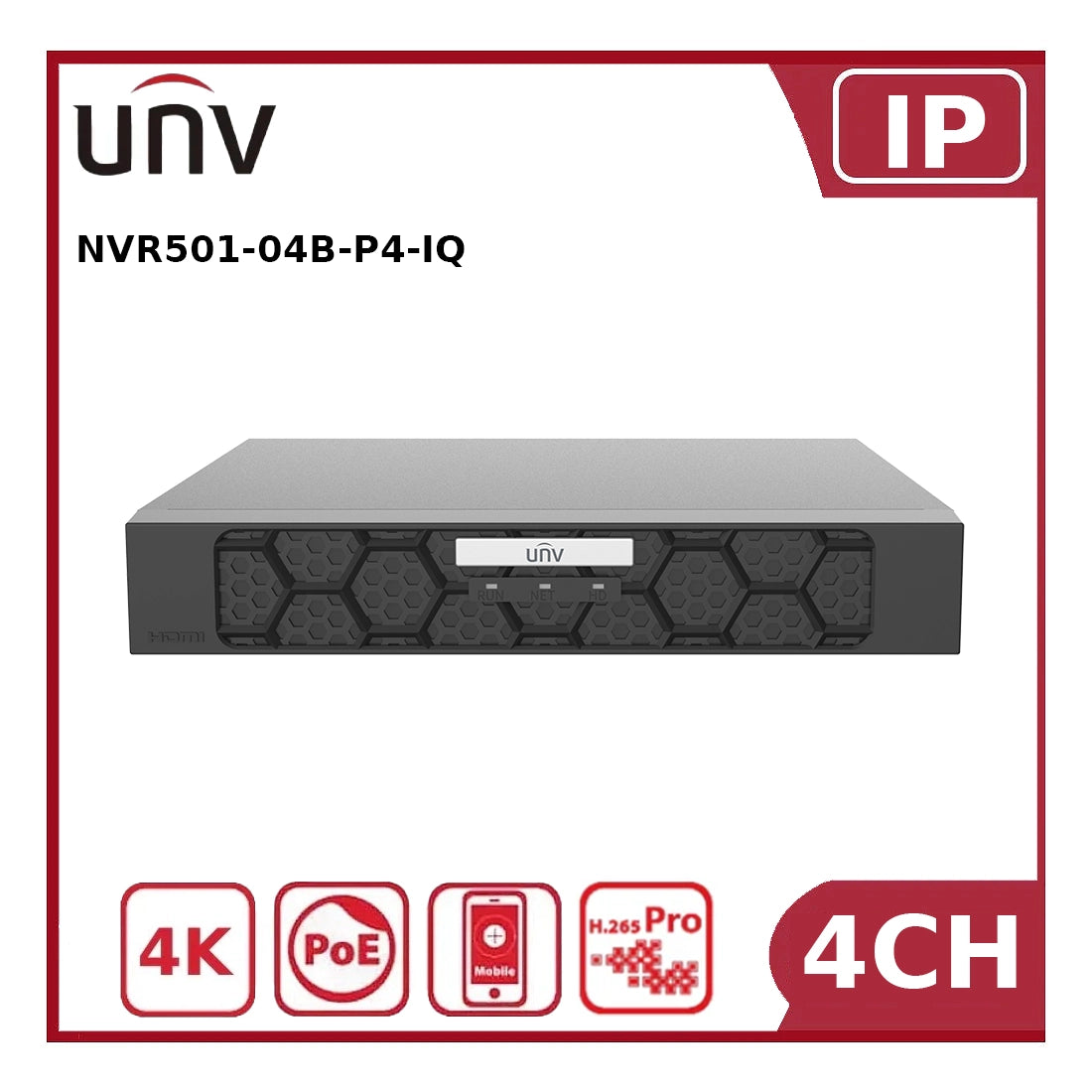 Uniview NVR501-04B-P4-IQ 4-Channel PoE NVR – 1-SATA, Built-in AI, Ultra265/H.265, 4K HDMI Output