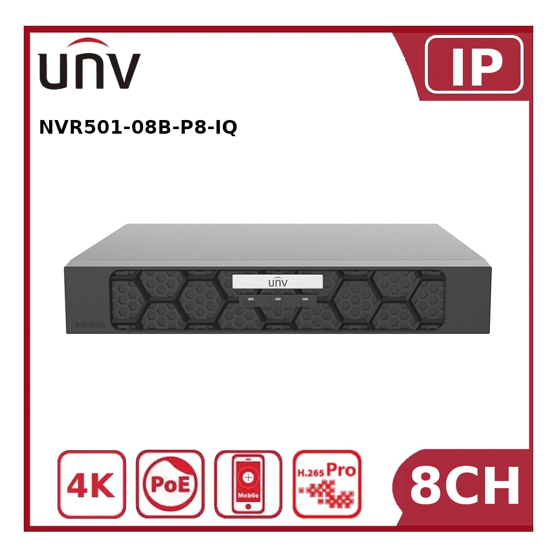 Uniview NVR501-08B-P8-IQ 8-Channel PoE NVR – 1-SATA, Built-in AI, Ultra265/H.265, 4K HDMI Output