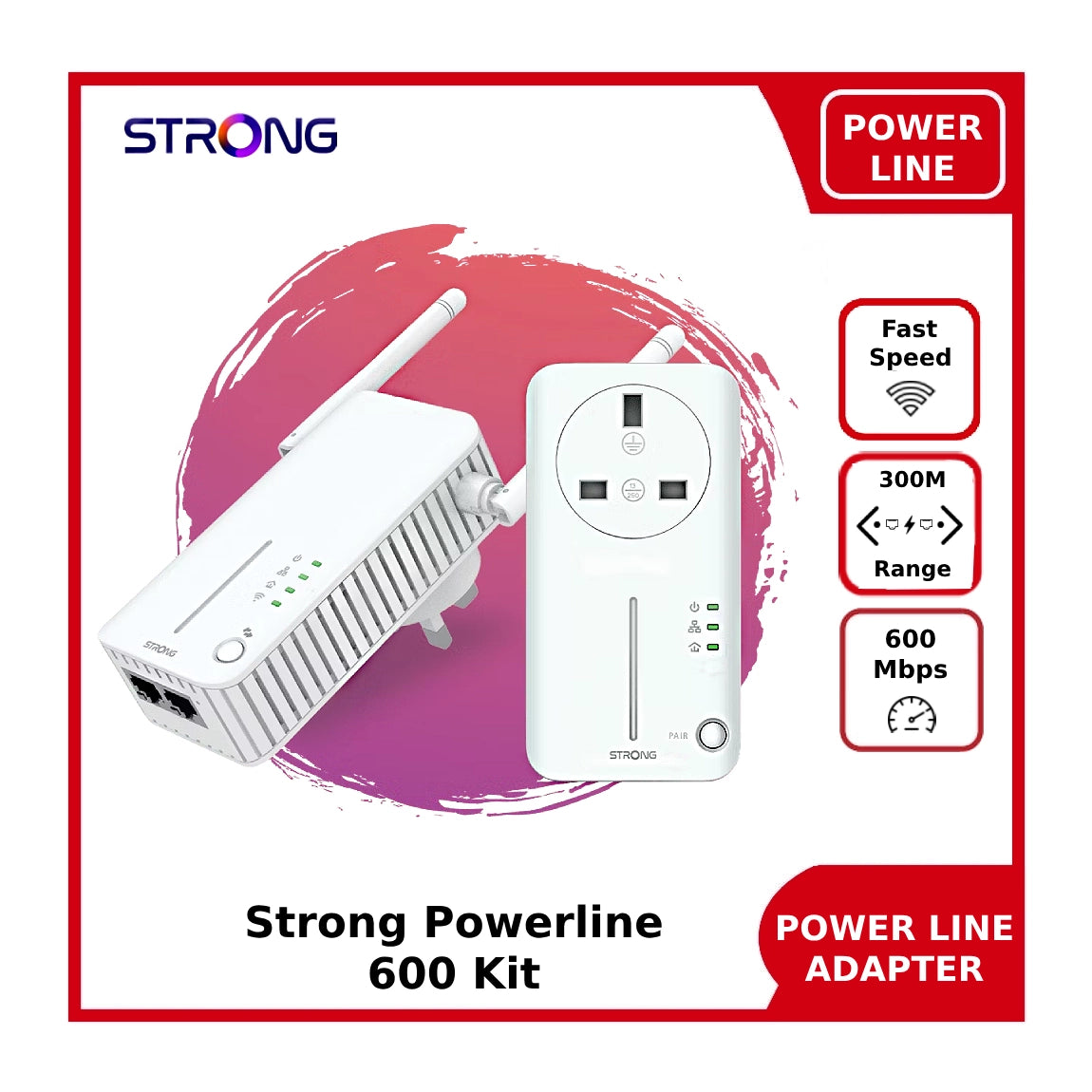 Strong AV600 Powerline Adapter - Passthrough Powerline Ethernet Adapter - Run Ethernet Data over mains power lines - Up To 600 Mbps - upto 300m range