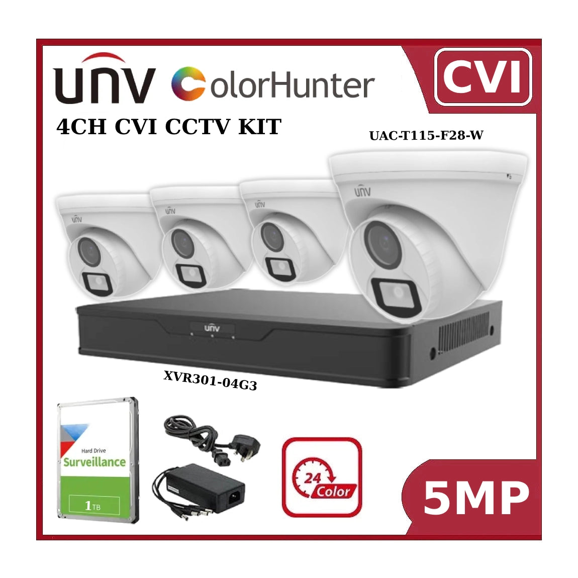 UNV 5MP 24Hr Colour CVI CCTV Kit with 4CH DVR + 4 x UAC-T115-F28-W ColourHunter Turret Cameras + 1TB HDD + PSU
