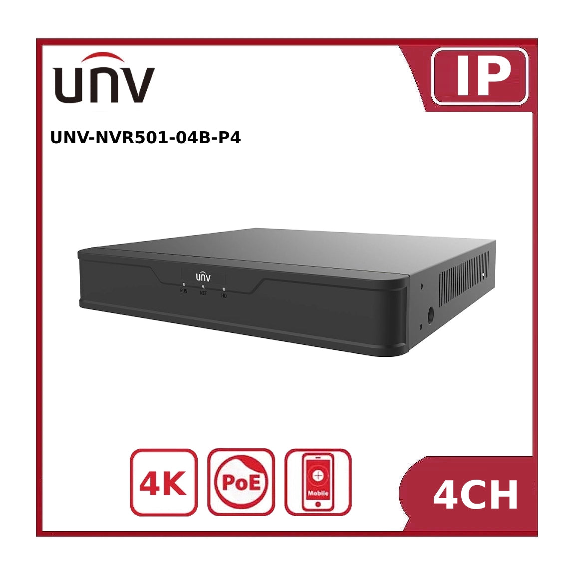 Uniview 8MP UNV-NVR501-04B-P4 4 Channel 1 SATA HDD AI Network Video Recorder PoE NVR