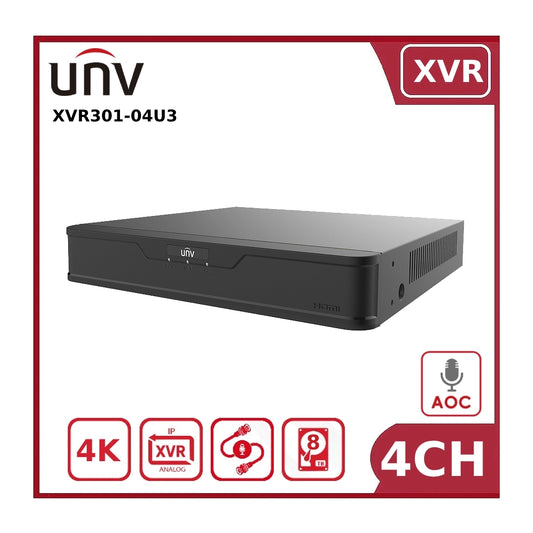 Uniview XVR301-04Q3 UNV 8MP Hybrid 4K DVR 4 Channel BNC, 2 Channel IP, H.265 1HDD XVR