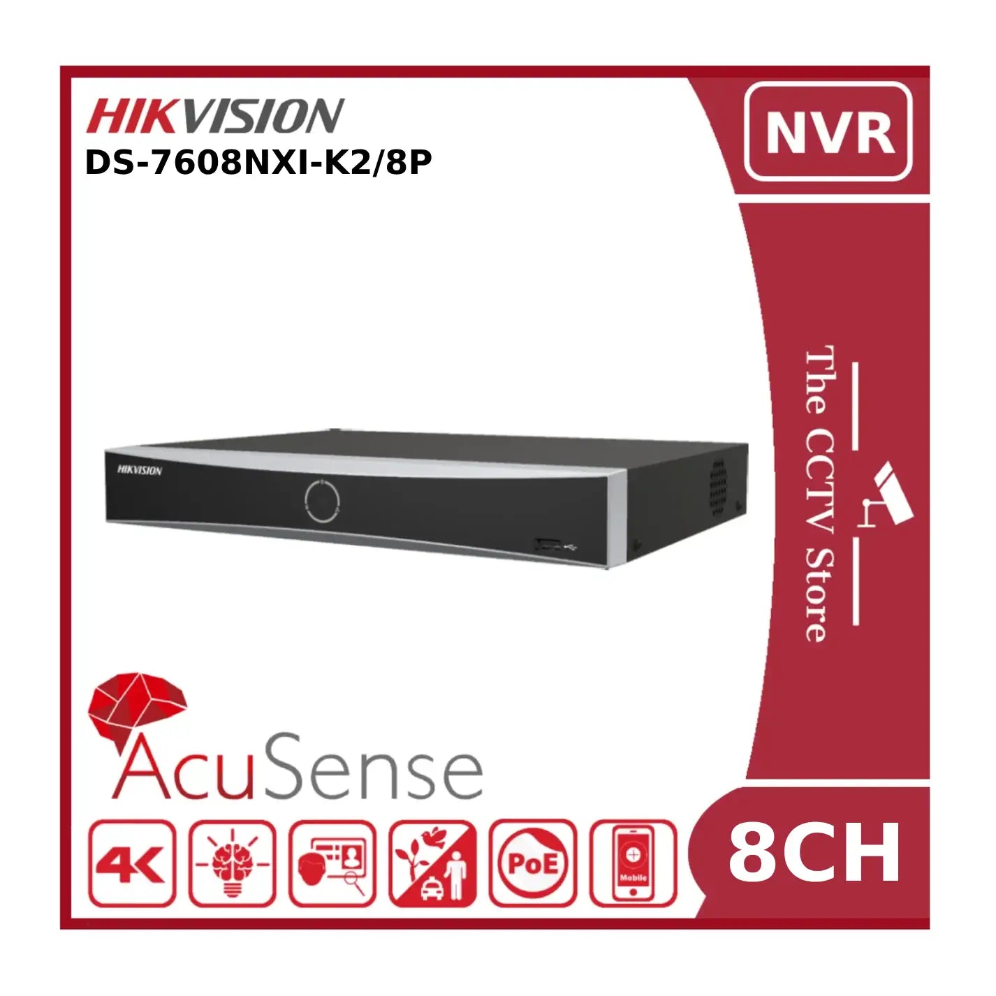 Hikvision DS-7608NXI-K2/8P 4K AcuSense PoE 8 Channel NVR With 2HDD Bays