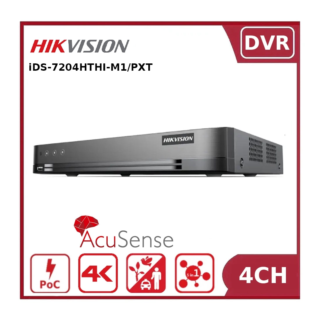 Hikvision iDS-7204HTHI-M1/PXT 4-Channel 8MP Hybrid PoC AI DVR with Smart Motion Detection & AOC