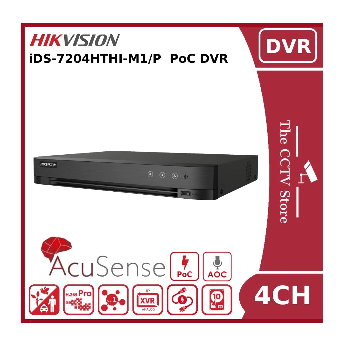 Hikvision iDS-7204HTHI-M1/P 8MP 4K 4 Channel Turbo HD AcuSense Hybrid PoC DVR with AoC