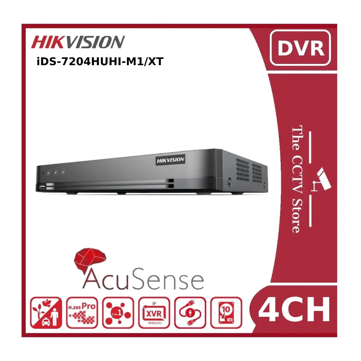 Hikvision IDS-7204HUHI-M1/XT 4 Channel 8MP AoC AcuSense 4K Lite Turbo HD Hybrid DVR With TVI Two-Way Audio Technology Support