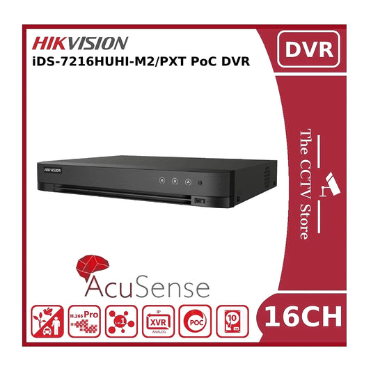 Hikvision iDS-7216HUHI-M2/PXT 16 Channel 8MP-Lite AcuSense PoC Hybrid Turbo HD AoC DVR - Supports Two-Way Audio Technology