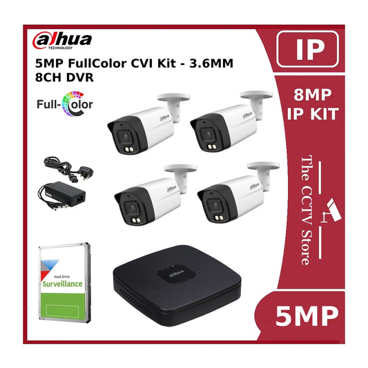 5MP 4 Camera CVI CCTV Kit + 8CH DVR - DH-HAC-HFW1509TLM-A-LED FullColor Bullet Cameras 3.6MM + 8CH XVR + 1TB HDD + PSU