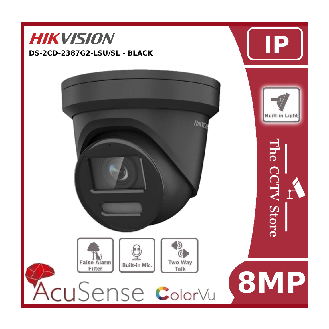 8MP Hikvision DS-2CD2387G2-LSU/SL 4K ColorVu IP CCTV Camera PoE With Two Way Talk - Black 2.8mm