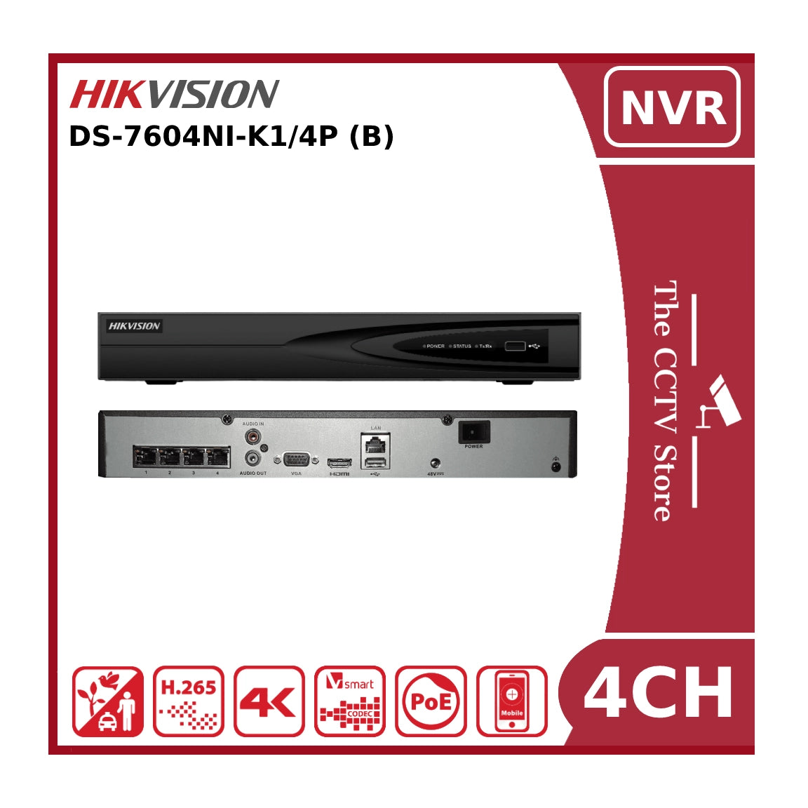 Hikvision DS-7604NI-K1/4P 8MP 4K PoE 4 Channel NVR