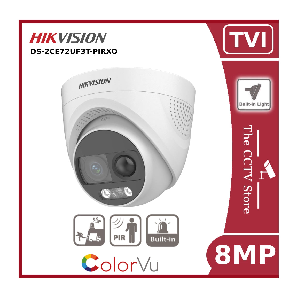8MP Hikvision DS-2CE72UF3T-PIRXO 4K ColorVu PIR Siren Fixed Turret Camera - TVI - White