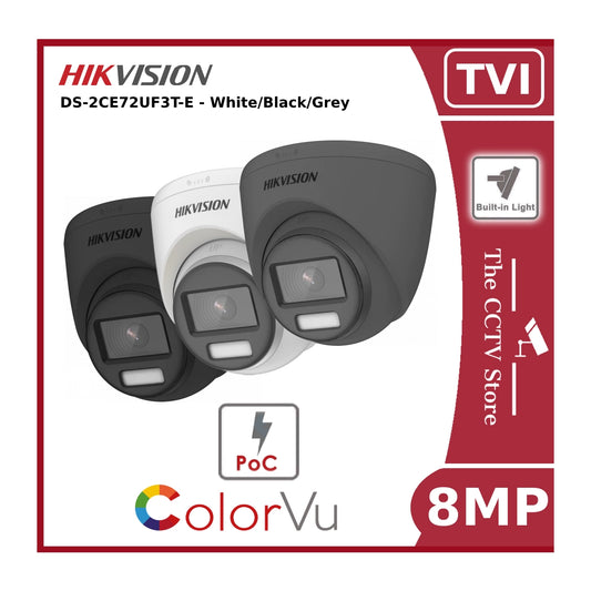 8MP 4K DS-2CE72UF3T-E ColorVu POC Fixed Turret Camera 40M Light - TVI - White / Black / Grey