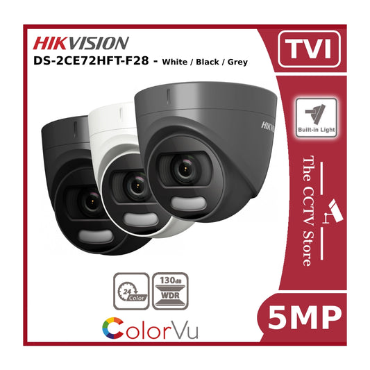 5MP DS-2CE72HFT-F28 Hikvision TVI ColorVu Fixed Lens Turret Camera, White Light White / Black / Grey